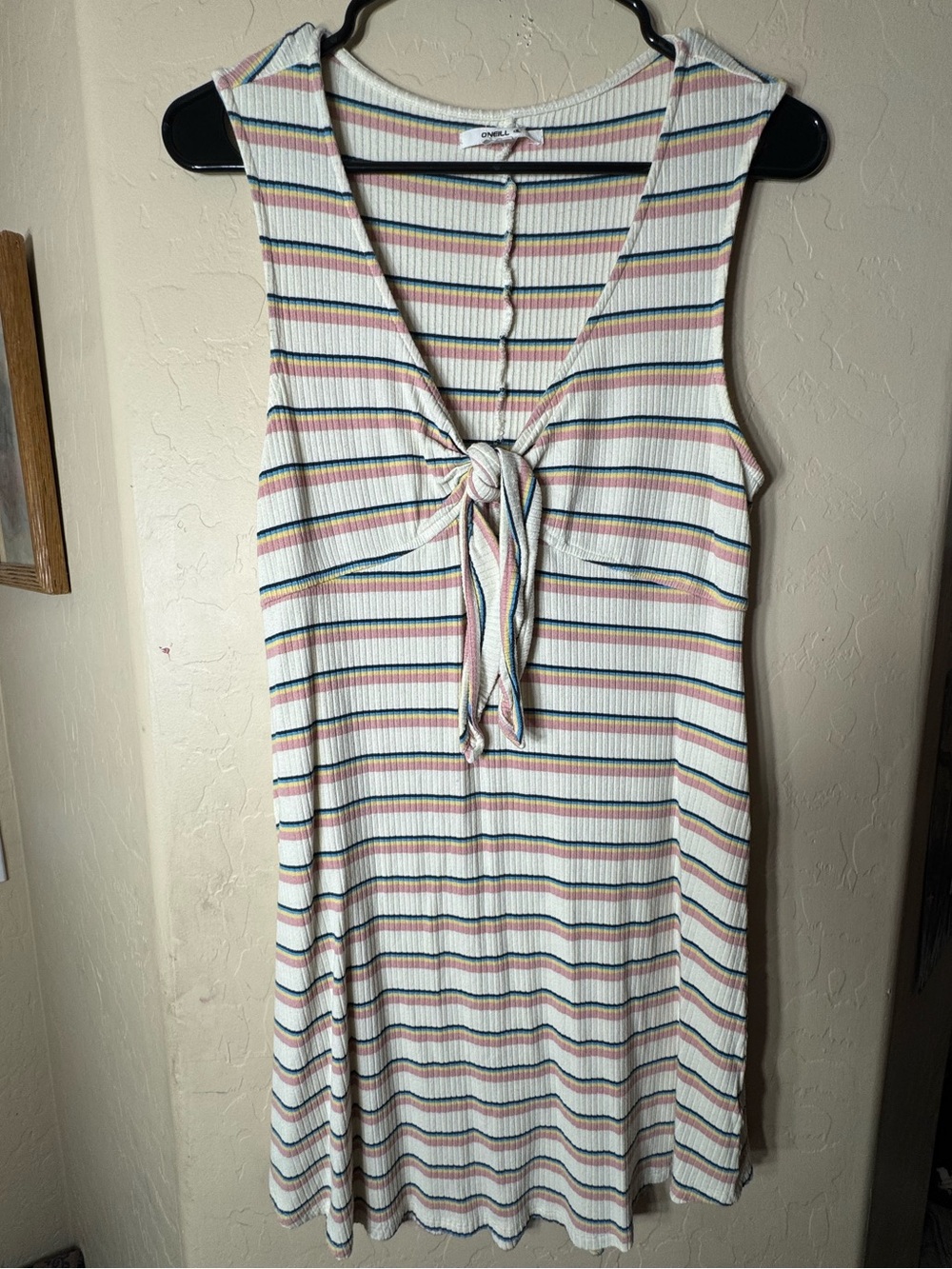 O’Neill Stripe Tie Front Sleeveless Rib Knit Mini Dress Beachy Casual Medium